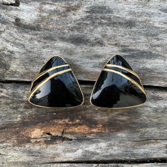 Vintage 1960's Trifari Triangular Black Enamel and Gold Tone Earrings - Picture 1 of 4